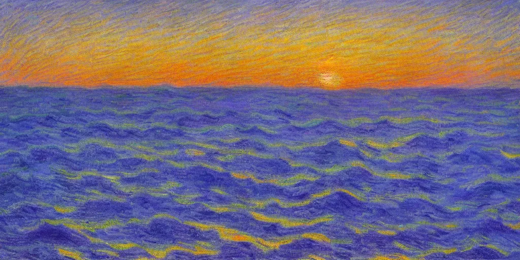 Image similar to An aesthetically pleasing, dynamic, energetic, lively, well-designed digital art of the ocean at sunset, light and shadow, by Claude Monet, superior quality, masterpiece, excellent use of negative space. 8K, superior detail.