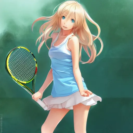 Image similar to a very beautiful young anime tennis girl, full body, long wavy blond hair, sky blue eyes, full round face, short smile, bikini, miniskirt, highly detailed, cinematic wallpaper by stanley artgerm lau