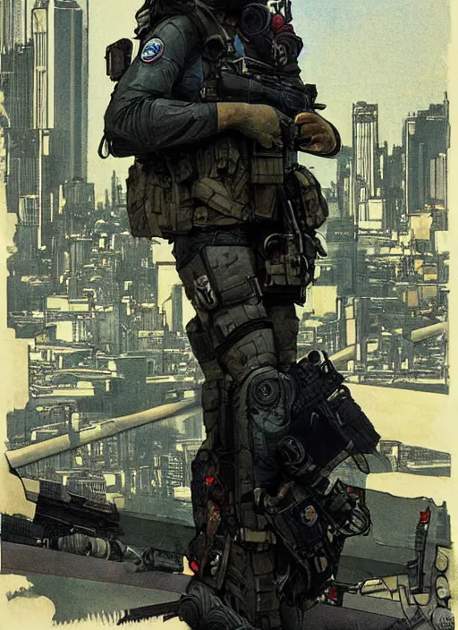 Image similar to Dinah. USN special forces operator looking at city skyline. Agent wearing Futuristic stealth suit. rb6s Concept art by James Gurney, Alphonso Mucha.