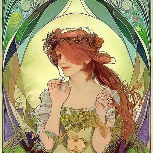 Image similar to Alice in Wonderland,Diamonds Blaze,Rose twining,out of time and space,dreamy, eternity, romantic,highly detailed,in the style of Alphonse Maria Mucha, highly detailed,night lighting