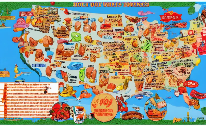 Image similar to hot dogs across america map, detailed, map key, tourist map, brochure