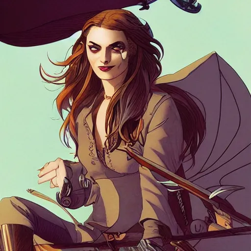 Prompt: Rafeal Albuquerque comic art, Joshua Middleton comic art, pretty female Phoebe Tonkin, pirate, black cloth medical eye patch over left eye, evil smile, pirate clothing, long wavy hair, full body, on a pirate ship, sunny weather