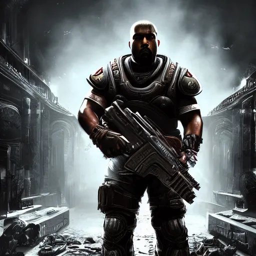 Image similar to Kanye West in Gears of War cover art, ultra wide lens shot , beautiful, DnD character art portrait, realistic, hyperdetailed, DeviantArt Artstation, cinematic lighting