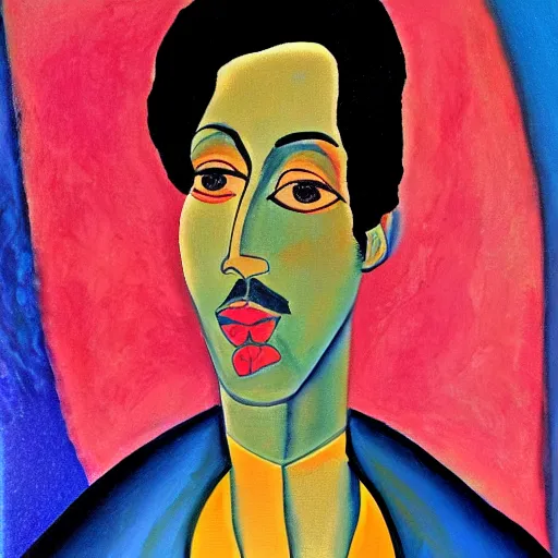 Image similar to a painting of prince in space in the style of modigliani. trending on artstation.