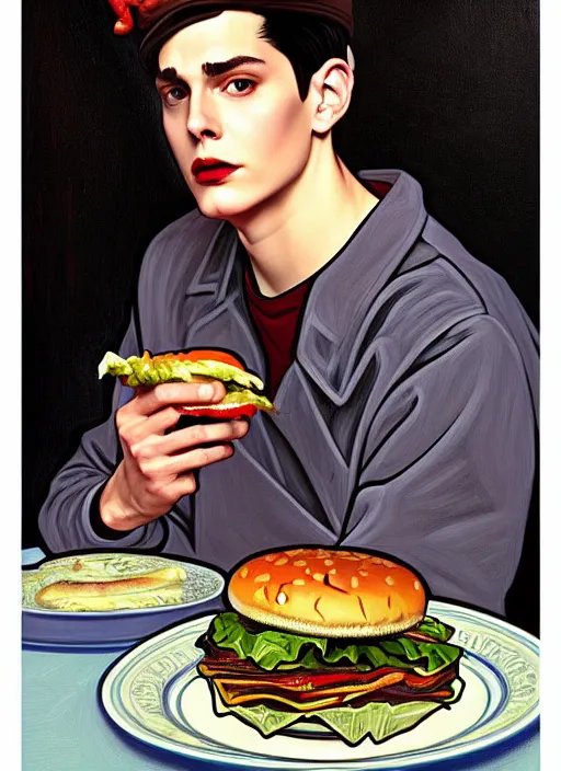 Prompt: oil painting, jughead jones wears a grey crown, and devours a hamburger, intricate, elegant, highly detailed, lighting, painting, artstation, smooth, illustration, art by greg rutowski and alphonse mucha
