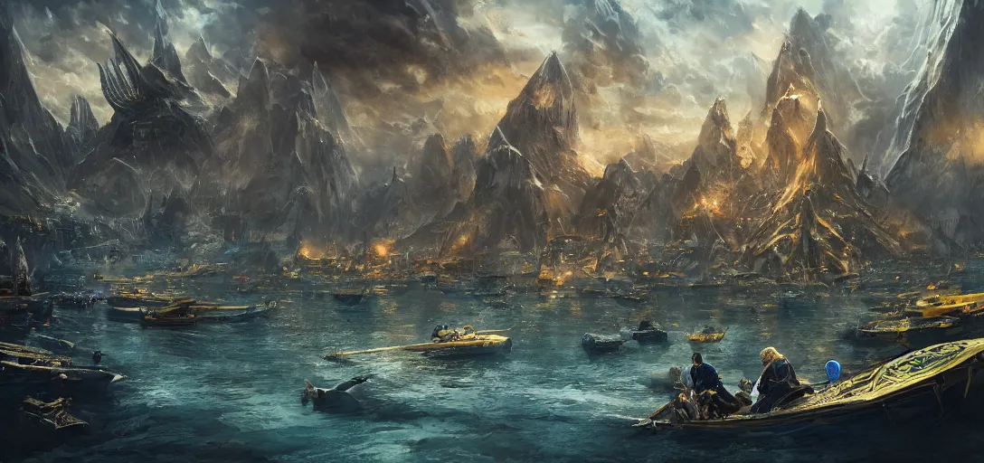 Image similar to cinematic, high - fantasy, market aquare, blue and gold boats, dozens of people, hybrid from the lord of the rings and art direction by darius zawadzki, sharp focus, highly detailed, wideangle epic scale, dynamic dramatic lighting, shadows, cinematic atmosphere, artstation, hyperrealistic, 8 k 4 k uhd image