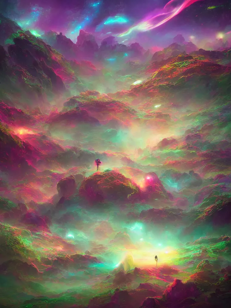 Prompt: a psychedelic landscape at the edge of the known universe, astral beings sharing love!!!!, in the style of greg rutkowski! and wlop and lisa frank! and bob ross!!! and ruan jia, illustration, epic, fantasy, hyper detailed, smooth, chromatic, iridescent, subsurface scattering