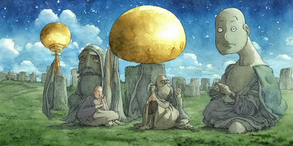Prompt: a hyperrealist studio ghibli watercolor fantasy concept art of a giant medieval monk in lotus position and a small grey alien in stonehenge with a starry sky in the background. a giant gold ufo is floating in the air. by rebecca guay, michael kaluta, charles vess