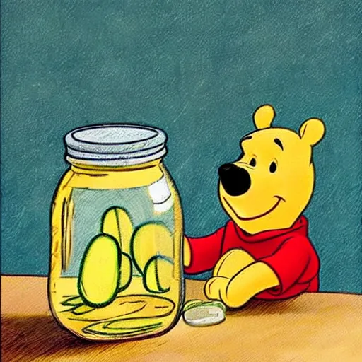 Image similar to winnie the pooh, opening a jar of pickles, realistic art style