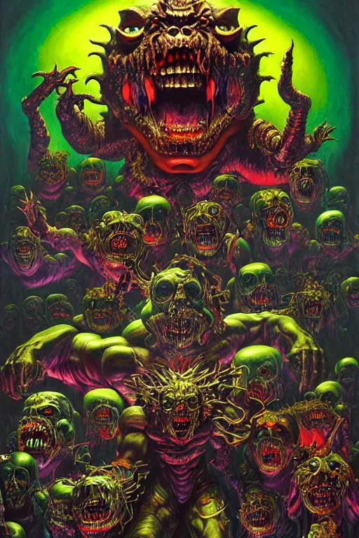 Image similar to a hyperrealistic painting of an epic boss fight against an ornate supreme dark overlord, cinematic horror by chris cunningham, lisa frank, richard corben, highly detailed, vivid color,