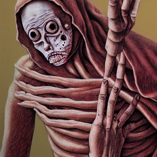 Prompt: leper messiah. by junji ito, hyperrealistic photorealism acrylic on canvas