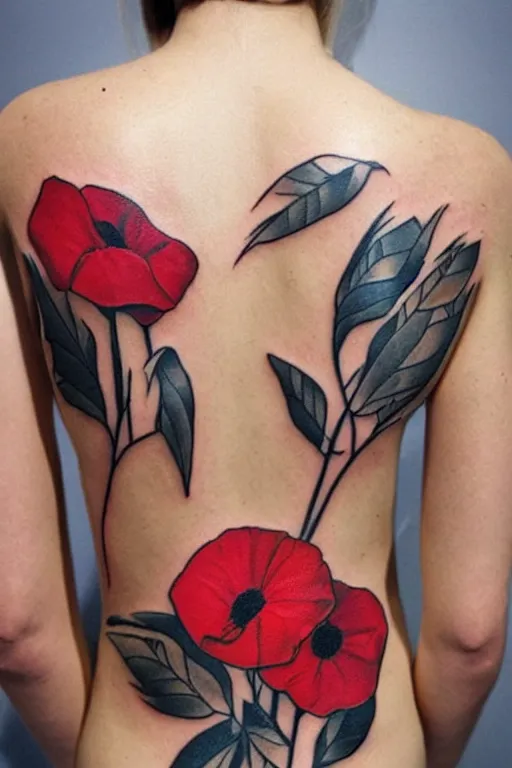 Prompt: tattoo concept, poppy, spine, red, black, fine line