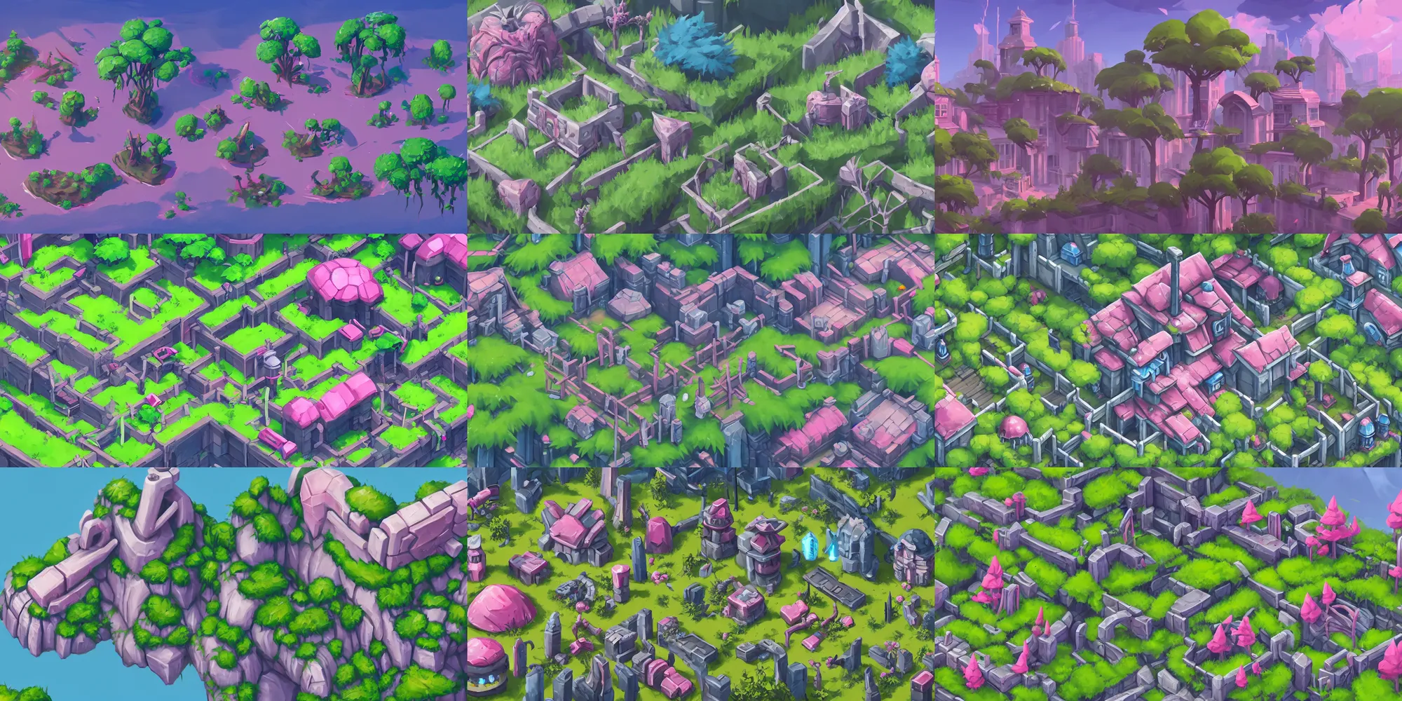 Prompt: game asset of corrupted overgrown plant and trees on building, in gouache detailed paintings, props, stylized, 2 d sprites, kitbash, arcane, overwatch, blue and pink color scheme, 8 k, close up