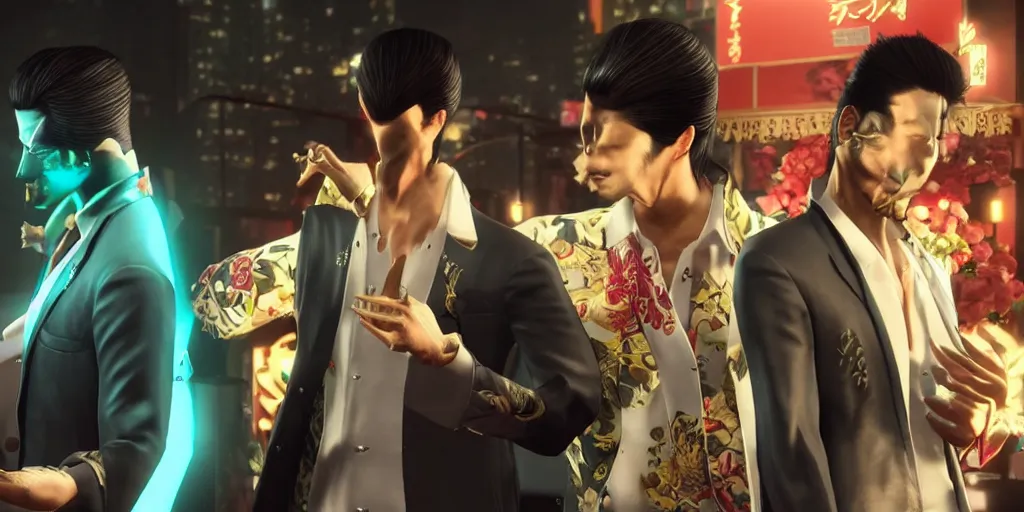 Prompt: Yakuza Kiryu Kazuma and Majima Goro, beautiful, gracious, true color, bioluminescent skin, ultra detailed, ultra realistic