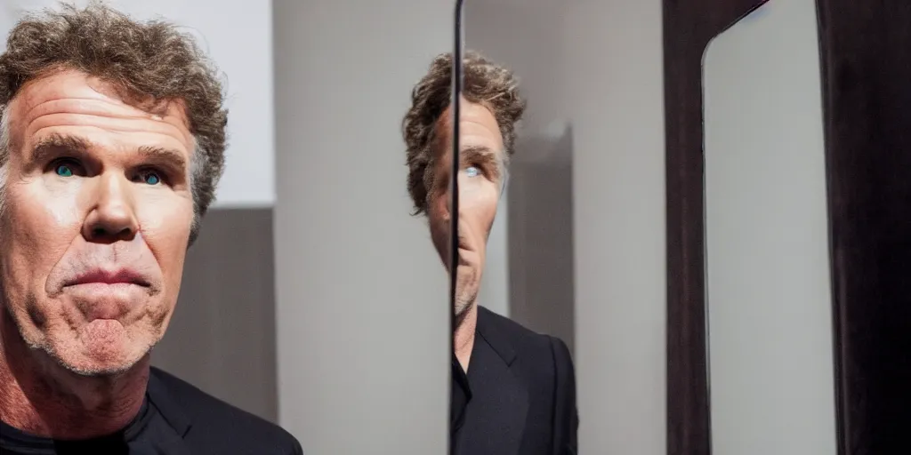 Image similar to ultra wide angle photo of will ferrel dressed in a white blouse and black dress pants looking at himself in a bathroom mirror and seeing his reflection as wonder woman