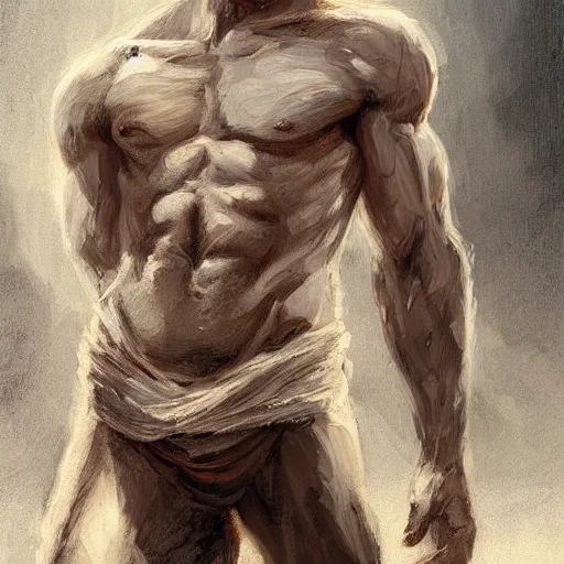 Image similar to painted portrait of rugged zeus, greek god, white hair, masculine, mature, handsome, upper body, muscular, hairy torso, fantasy, intricate, elegant, highly detailed, digital painting, artstation, concept art, smooth, sharp focus, illustration, art by gaston bussiere