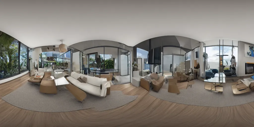 Prompt: Equirectangular GoPro VR render of a modern living room, natural colors, ambient occlusion, national geographic, 8k uhd