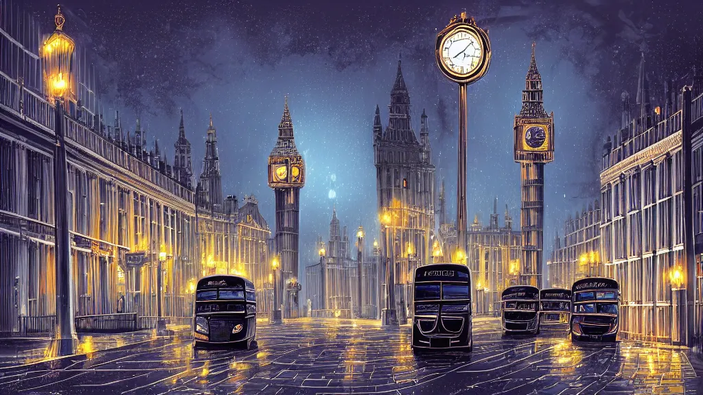 Image similar to street view of london city at night by cyril rolando and naomi okubo and dan mumford. elegant edwardian street lamps. double decker bus. st pauls cathedral. london bridge. black taxi cab. big ben clock tower.