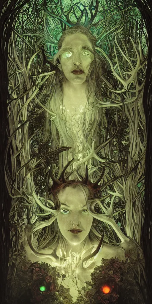 Image similar to intense bioluminescent pagan god with antlers and fangs and intense glowing eyes in very dark forest by mark ryden and alphonse mucha, portrait, fantasy, clear, light beams, lens flare, intense, uhd, amazing depth, cinematic lighting