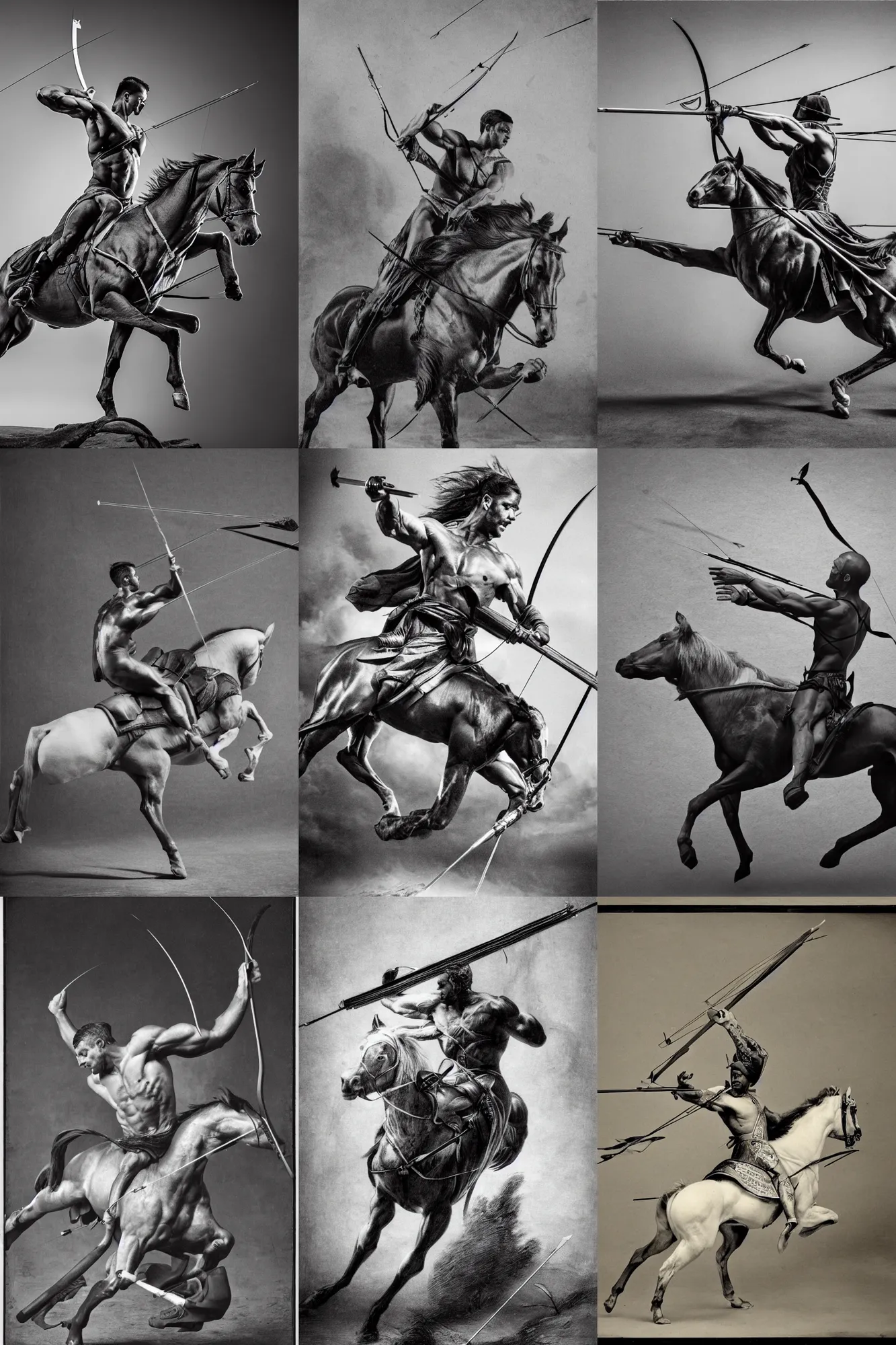 Prompt: a muscular male figure shooting a bow and arrow riding a horse running, black and white photography, 8 k,