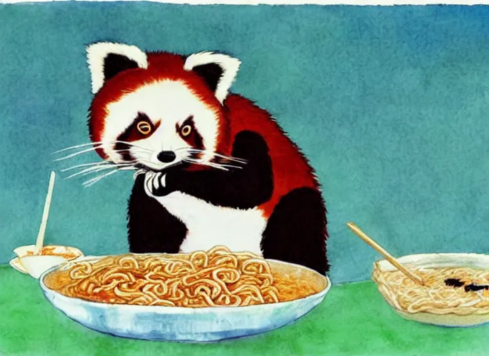 Image similar to red panda eating ramen noodles, water colour, by miyazaki, int he style of spirited away