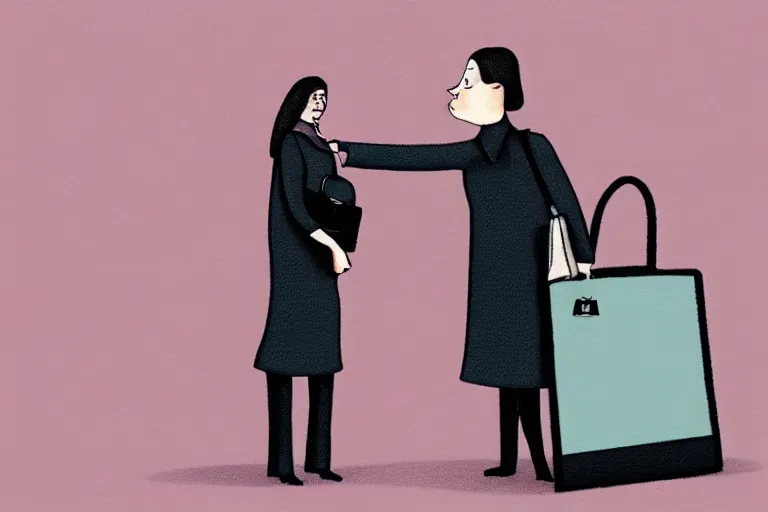 Image similar to tall, security guard checks the bags of a worried looking woman, art, satire