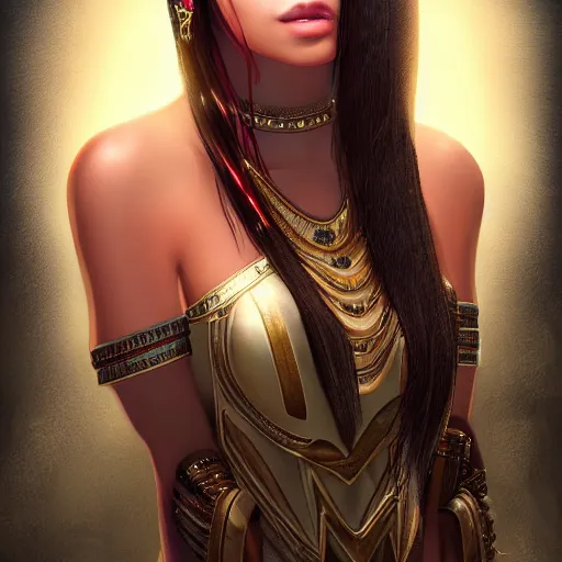 Image similar to portait egyptian princess haifa wehbe, centred, very long hair, hd, unreal engine, art digital painting, final fantasy style, amazing background theme