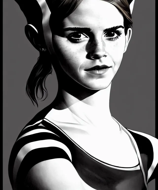 Prompt: a detailed fifty mm portrait of emma watson as a catwoman in a black adidas track suit with white stripes, headshot, highly detailed, digital painting, artstation, concept art, sharp focus, cinematic lighting, illustration, art by met mangindaan, artgerm and greg rutkowski, alphonse mucha, cgsociety
