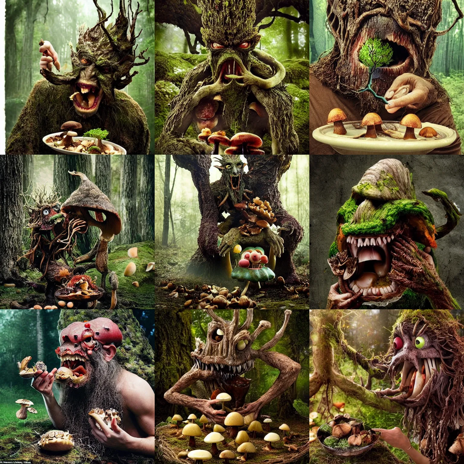 Prompt: photograph of a hungry angry treebeard savagely stuffing mushrooms into his gaping maw 🍄, dark fantasy horror