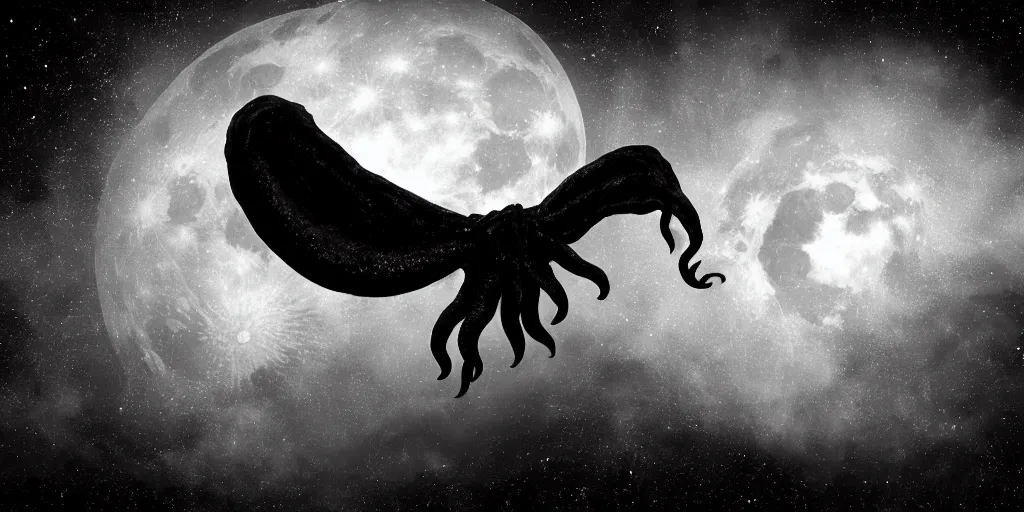 Prompt: giant Cthulhu silhouetted on horizon, photorealistic, wide-angle, long shot, epic, space from a <spaceship>, lunar horizon