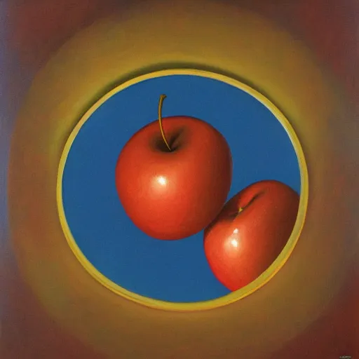 Prompt: a surrealistic painting of an apple surrounded by mirrors pointed at the apple