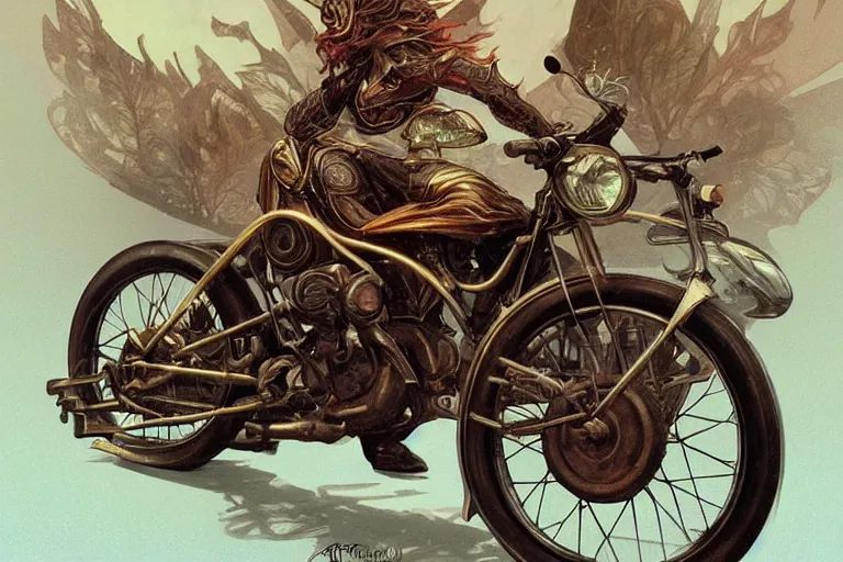 Image similar to 1950 Motorcycle, fantasy, elegant, intricate, highly detailed, digital painting, artstation, concept art, sharp focus, illustration, art by artgerm and greg rutkowski and alphonse mucha