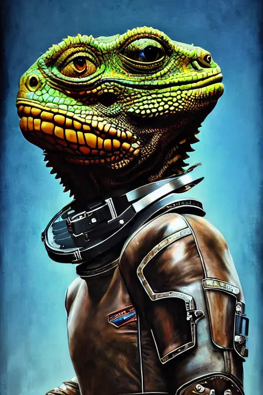 Image similar to a portrait of a muscular anthropomorphic cyberpunk iguana! in leather spacesuit armor with a large head by sandra chevrier, by jon foster, detailed render, pistol in holster, tape deck, epic composition, cybernetics, 4 k realistic, cryengine, realistic shaded lighting, sharp focus, masterpiece, by enki bilal