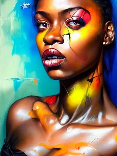 Prompt: portrait of an black woman painted by artgerm, karol bak, artur bordalo, sandra chevrier : : portrait, vibrant, character, illustration, street art, graffiti, hyperrealism