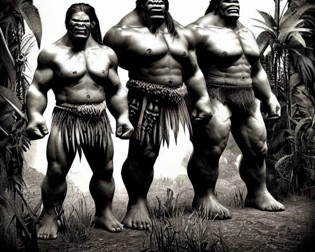 Image similar to hyper realistic group vintage photograph of a live action warcraft orc warrior tribe in the jungle, tall, hulk like physique, detailed faces, tribal paint, tribal armor, grain, old, monochrome, sepia toned, realistic lighting, wide angle