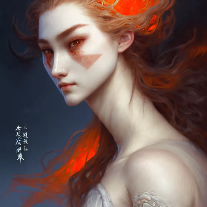 Image similar to head and shoulders portrait of a d & d ranger with her porcelain armor, chinese kangxi orange and white, volumetric lighting, fantasy, intricate, elegant, lifelike, photorealistic, artstation, concept art, sharp focus, by john collier and albert aublet and krenz cushart and artem demura and alphonse mucha