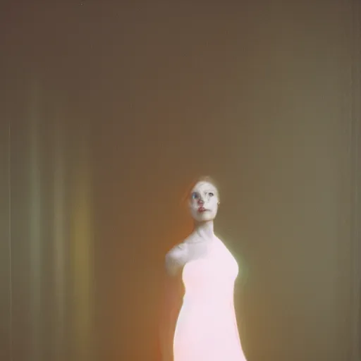 Prompt: fashion pro photography of a gorgeous woman wearing a futuristic dystopian dress, light reflections, 2500 era, cinestill 800t