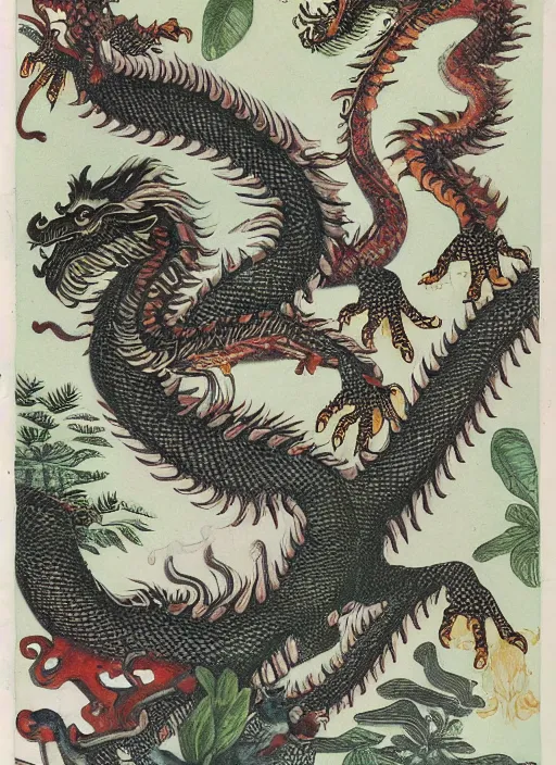 Image similar to vintage chinese dragon in a tropical forest, john james audubon, ernst haeckel, intaglio, sharp focus