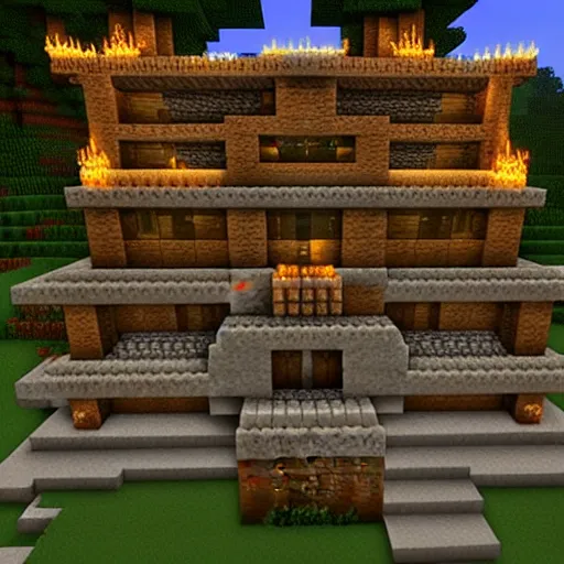 Image similar to minecraft mansion made out of netherrack, lit with redstone and torches