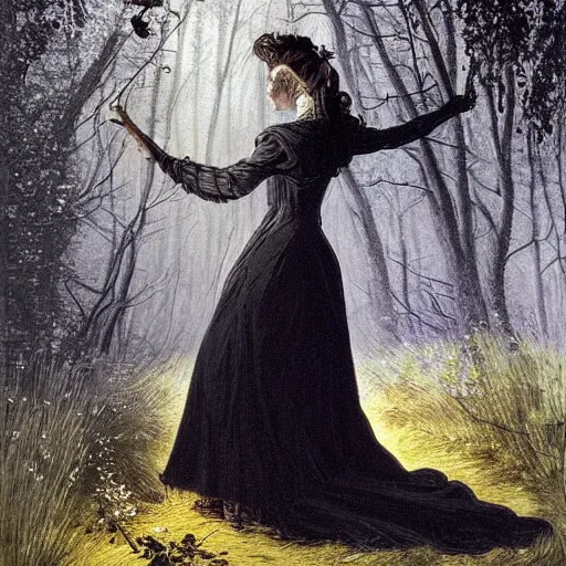 Image similar to A beautiful victorian woman, night, gothic dress, flowing hair, oil painting, portrait, magical forest, spirally trees, glow, dramatic lighting, dramatic light, masterpiece, high detail, long shadow, amazing composition, detailed, painted by Caspar David Friedrich