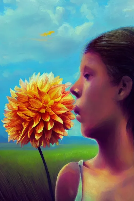 Image similar to closeup girl with huge dahlia flower head, portrait on beach, surreal photography, blue sky, sunrise, dramatic light, impressionist painting, digital painting, artstation, simon stalenhag