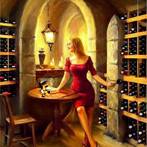 Image similar to wine cellar full of food, torches on the wall, schnapps, romantic, inviting, cozy, blonde woman, painting Vladimir Volegov