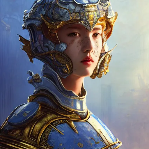 Image similar to portrait knights of Zodiac girl, Chinese Blue and white porcelain color reflected armor, in ruined Agora of Athens, ssci-fi, fantasy, intricate, very very beautiful, elegant, golden light, highly detailed, digital painting, artstation, concept art, smooth, sharp focus, illustration, art by tian zi and WLOP and alphonse mucha