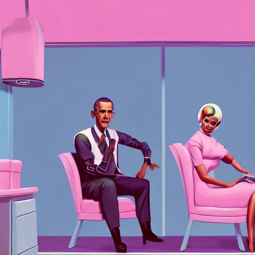 Prompt: 1 9 6 0 s illustration portrait of nicki minaj sitting next to barack obama in a barbershop. cinematic scene. ambient lighting, pastel earth colors, hyper detailed. octane render. concept art. trending on artstation.