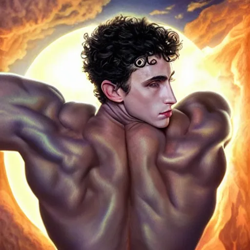 Prompt: ultra realistic upper body portrait of a herculean hulking timothee chalamet as erebus, the god of darkness and shadow, solar eclipse, digital art by artgerm and karol bak