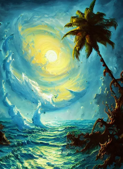 Image similar to oil painting with heavy impasto of a tropical pirate enclave, cosmic horror painting, elegant intricate artstation concept art detailed