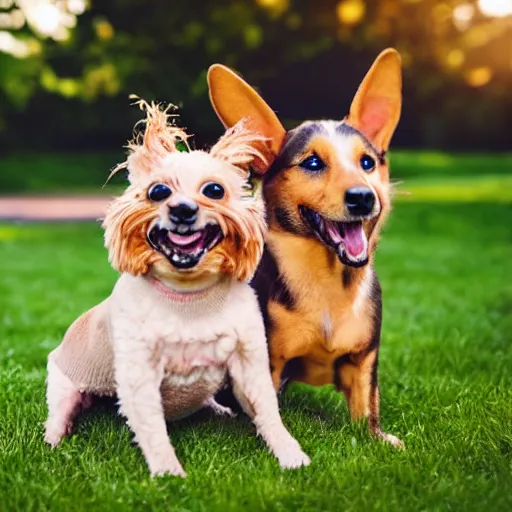 Image similar to cute photo of two silly happy little dogs one black and one brown, in the park, sunny morning, photorealistic, cute, highly detailed