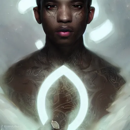 Image similar to a light skinned black man, short hair, photographer, using a macbook, happy, creative, fantasy digital painting, stunning intricate details, artwork by ross tran and greg rutkowski