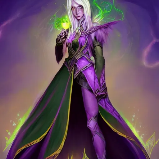 Prompt: a drow elf wizard, holding purple and green fire, female, auburn and blonde two toned hair, fantasy, d & d, intricate, elegant, highly detailed, digital painting, artstation, concept art, matte, sharp focus, illustration, in the style of magic the gathering
