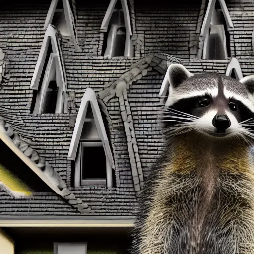 Prompt: a photorealistic raccoon architect inspecting a building